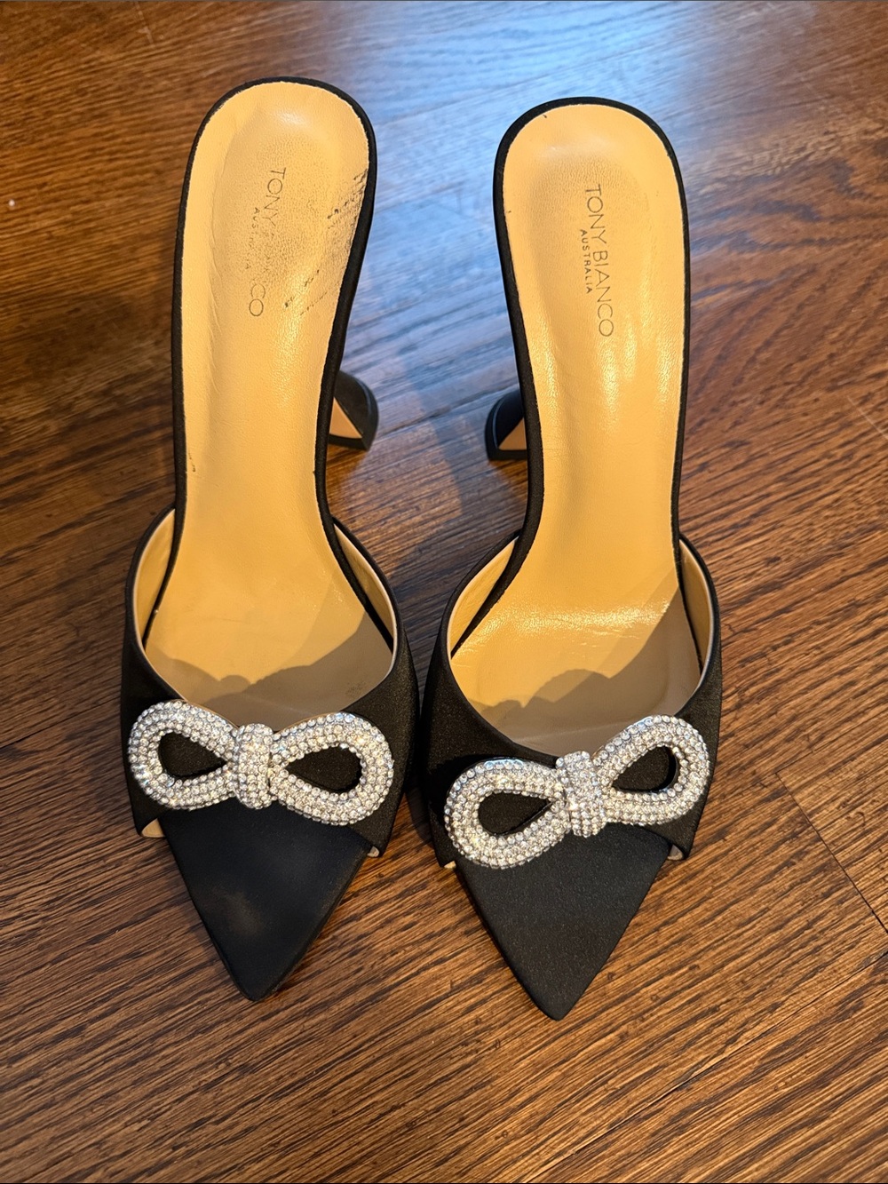 Tony Bianco Black Satin Pointed Mule with Crystal Bow Accent
